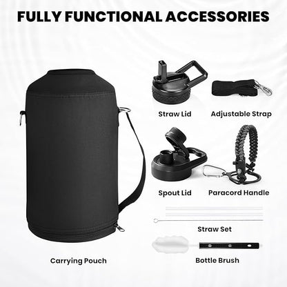 One Gallon Water Bottle Insulated, Triple Walled Vacuum Stainless Steel (Cold for 48 Hrs), Leak Proof & Non-BPA, Large Water Flask Jug with Paracord Handle & Straw Spout Lids