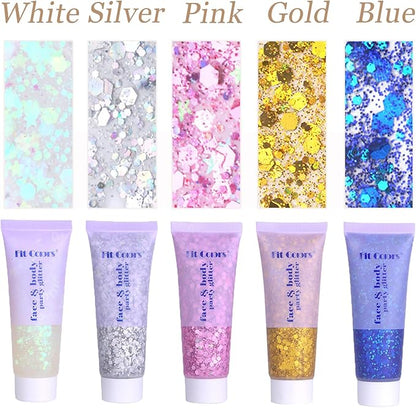 Face Body Glitter, Hair Glitter Sparkles Chunky Face Glitter Gel for Girls Makeup Singer Concerts Mermaid Festival Sequins Face Paint (White+Silver+Pink+Gold+Blue)