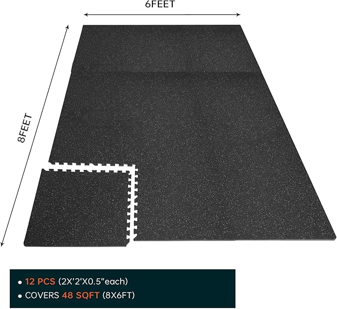 0.56 Inch Thick Gym Flooring for Home Gym 48 Sq 12 Pcs 24 x 24in Tile,
