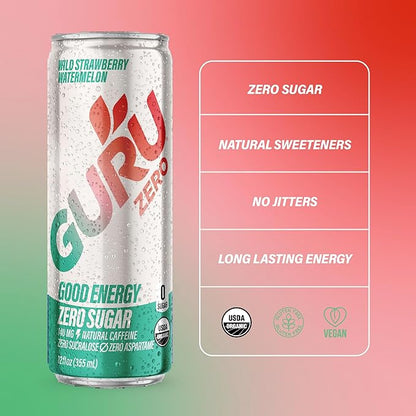 GURU ZERO SUGAR Wild Strawberry Watermelon Organic Energy Drinks, Clean Energy Drink with Plant Based Natural Caffeine from Green Tea, Coconut Water, Prebiotic, Zero Added sugars, Gluten Free and Vegan, Pre Workout, Healthy Drinks, 12oz (Pack of 24)