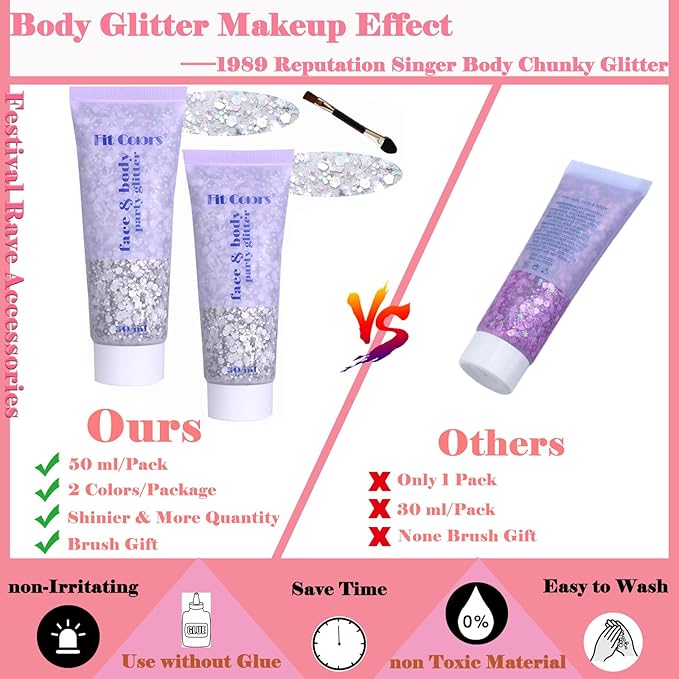 Body Glitter Face Glitter Gel: Singer Concerts Disco Festival Rave Accessories Face Glitter Makeup 150ml Chunky Sequins Mermaid Face Body Hair Glitter Gel (2 Silver)