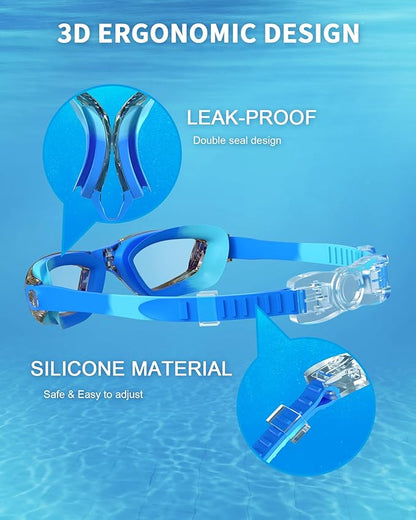Kids Swim Goggles, Swimming Goggles for Kids with Nose Clip, Earplugs, Nose Bridge for Age 3-15