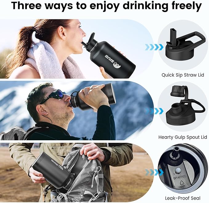 Insulated Water Bottle 40 oz, Triple Wall Vacuum Stainless Steel(Cold for 48 Hrs),Leak Proof & BPA-Free,Simple Modern Water Bottle with Drink-Through Lid & Flip Straw for Sports & Travel, Black