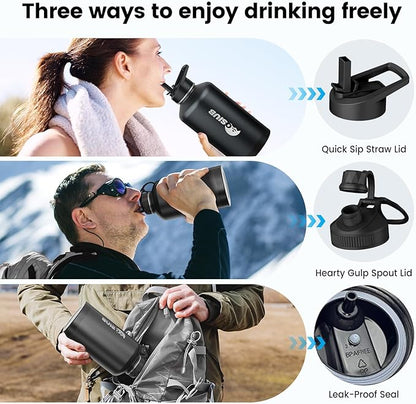 Insulated Water Bottle 40 oz, Triple Wall Vacuum Stainless Steel(Cold for 48 Hrs),Leak Proof & BPA-Free,Simple Modern Water Bottle with Drink-Through Lid & Flip Straw for Sports & Travel, Black