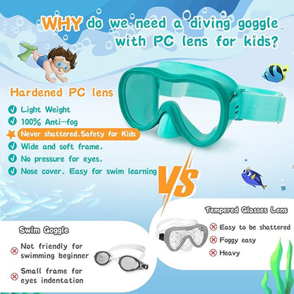 Kids Swim Goggles with Nose Cover, Anti-Leak Swim Mask with Elastic Fabric Strap, UV Protection Swimming Goggles for Kids