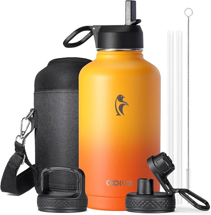 Half Gallon Water Bottle Insulated with Straw & 3 Lids, Coolflask 64 oz Water Jug Large Metal Stainless Steel Wide Mouth for Sports, Gym or Office, Non-BPA Keep Cold 48H Hot 24H, Ombre Yellow/Orange