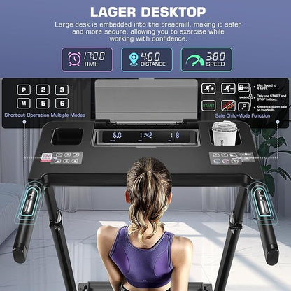 Treadmill with Desk Workstation & Adjustable Height, 300 LBS Weight Capacity, Folding Treadmill with 3 Level Incline, Bluetooth Speaker & App, Portable 2.5HP Walking Pad with Desktop for Home Office