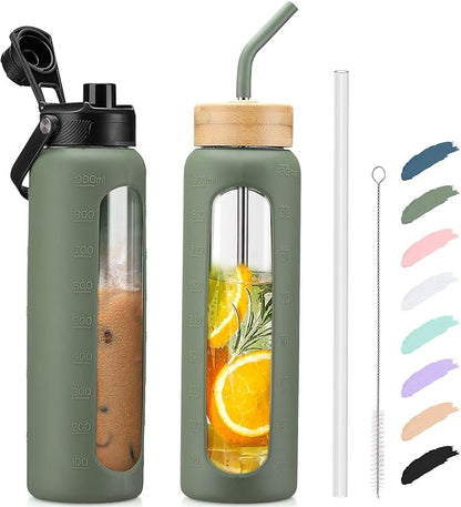 Kodrine Water Bottle with Straw, 24 oz Glass water Bottle with 2 Lids Bamboo Straw Lid and Spout Lid with Handle, 32 oz Clear Water Bottle Glass for Sports Travel, Waterbottle with Time Marker