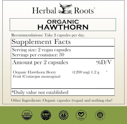 Herbal Roots Organic Hawthorn Berry Capsules | Extra Strength 1,200mg per Serving | 60 Vegan Capsules