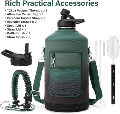 1 Gallon Water Bottle Insulated | Thickened Stainless Steel Vacuum Metal Water Jug | Portable Sports Large for Gym and Hiking with Straw, Carrier Bag, Handle Strap | BPA-Free 128 oz
