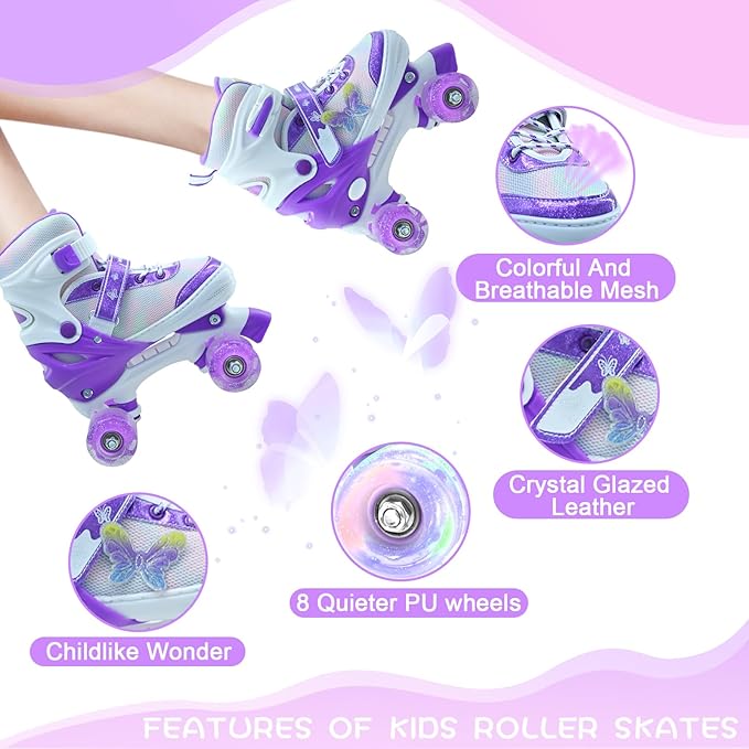 Kids Roller Skates for Girls-Outdoor 4 Size Adjustable Butterfly Quad Rollerskates for Indoor Ages 3-12 Years Beginners Children's Birthday Gift with Light Up Wheels patines para niñas Indoor