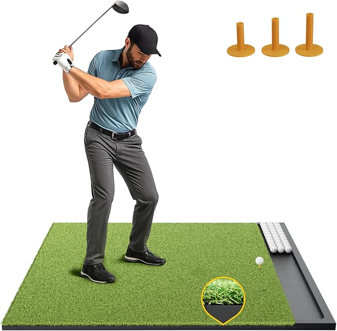 Golf Hitting Mat with Ball Tray, 5x4 & 6x4 ft, 26mm/31mm Thick, Standard & Alignment Line Options, Premium Golf Practice Mat for Indoor Outdoor Swing & Chipping