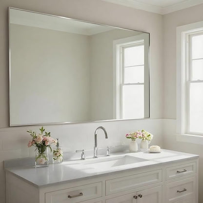 27x40 Inch Nickel Bathroom Mirror for Wall, Aluminum Frame Rectangle Rectangular Vanity Mirror, Modern Large for Bedroom, Living Room, Horizontal or Vertical