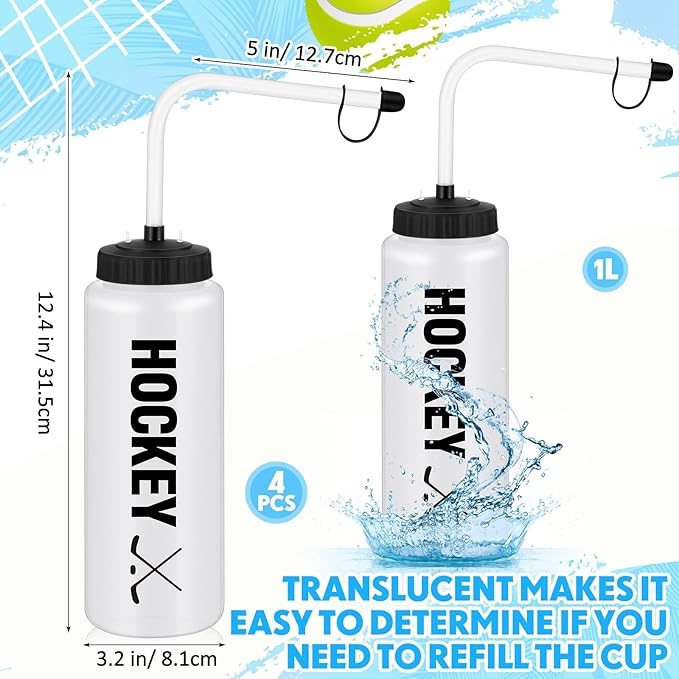 Domensi 4 Pack 1 Liter Sports Water Bottle W/Long Straw Hockey Lacrosse BPA Free Easy Squeeze Plastic Bottle Use W/Sport Helmet in Football Baseball Gym Yoga (Translucent,Novel)