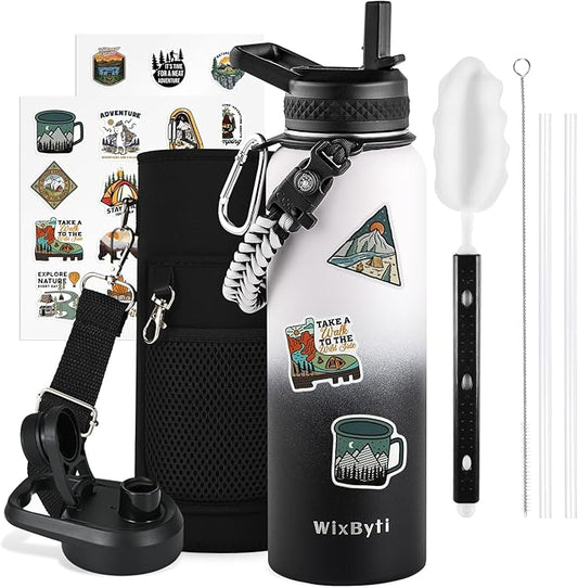 40 oz Insulated Water Bottle with Straw (Cold for 48 Hrs), Stainless Steel Triple Wall Vacuum Sports Water Jug, Leakproof Hydro Cup Flask with Paracord Handle & Straw Spout Lids & DIY Stickers