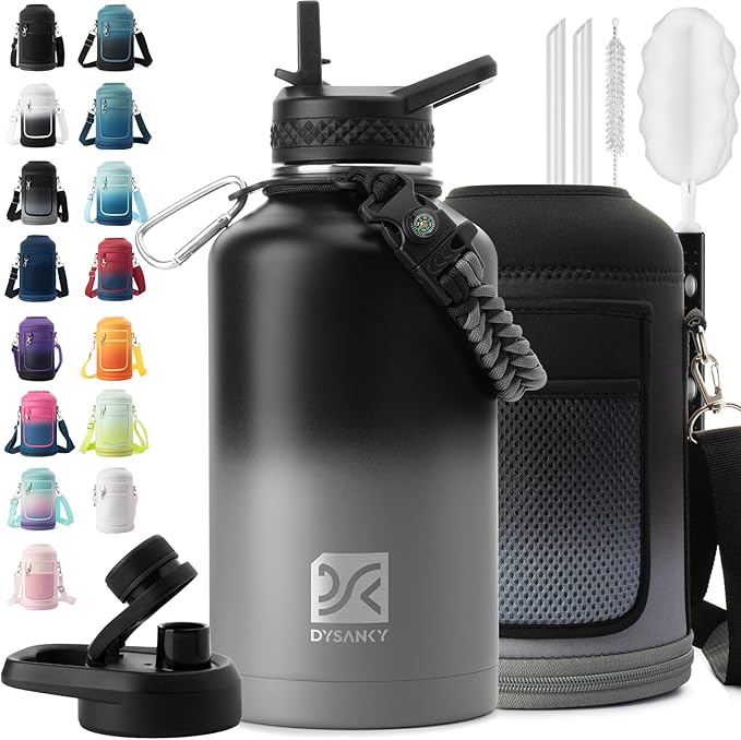 Insulated Water Bottle | Thickened Stainless Steel Vacuum Metal | Portable Sports Half Gallon Large Water Jug for Gym and Hiking with Straw, Carrier Bag, Handle Strap | BPA-Free 64 oz
