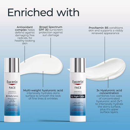 Eucerin Face Immersive Hydration Skin Care Set, Daily Face Lotion with SPF 30 (2.5 Fl Oz) + Night Cream with Hyaluronic Acid (2.5 Oz), Facial Moisturizer Improves the Look of Fine Lines and Wrinkles