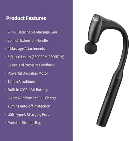 2-in-1 Detachable Muscle Massage Gun Deep Tissue with 20'' Extension Handle, Back and Neck Massager for Pain Relief, Handheld Massager for Shoulder Lower Back Leg Waist, FSA-HSA Eligible