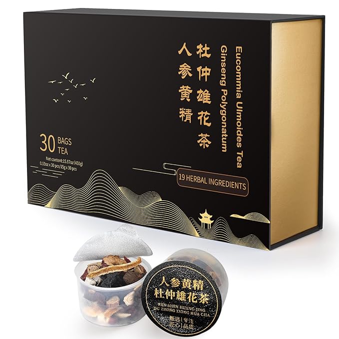 Ginseng Polygonatum Eucommia Male Flower Tea, Natural Traditional Chinese Kidney Support Blend Kidney Cleanse Detox Tea for Men Women, 19 Precious Herbal Ingredients（30 Cans/1 Box)