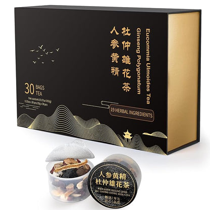 Ginseng Polygonatum Eucommia Male Flower Tea, Natural Traditional Chinese Kidney Support Blend Kidney Cleanse Detox Tea for Men Women, 19 Precious Herbal Ingredients（30 Cans/1 Box)