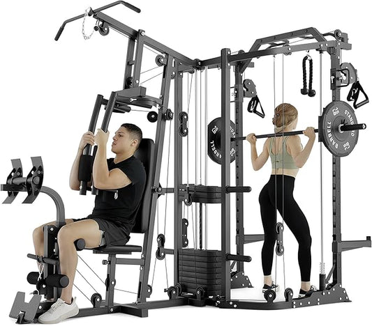 GMWD SmithΔ Machine Power Cage, Multi-Function Home Gym System with Cable Crossover System, Dual-Sided Workout Station with 121LBS Weight Stack, Power Rack, Functional Trainer, All in One Home Gym