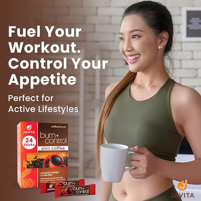 Javita Burn + Control Instant Coffee w Weight Management Herbs: Garcinia Cambogia & Yerba Mate - Slim Coffee with Help of Exercise, Keto Coffee for Diet Support, 1 box - 24 (4.55g) Sticks