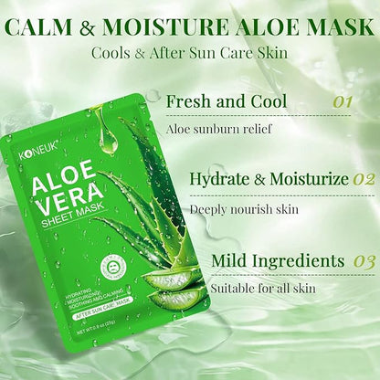 12 Pack Aloe Vera Face Masks Skincare, Sheet Aloe Hydrating Face Mask for Sunburn Relief and After Sun Care, Bulk Aloe Vera Face Mask for Spa Party Gifts