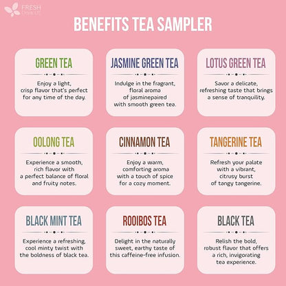 FreshDrinkUS, Premium 90 Tea Bags Sampler Assortment, 9 Different Flavors, 100% Natural Ingredients, Perfect and Well Combination Tea Gift for Tea Lovers, Friends and Family. No Additives, No Gluten, No Sugar, Vegan