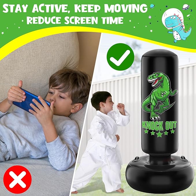 Larger Stable Dinosaur Punching Bag for Kids, 66" Tall Sports Kids Teens Inflatable Punching Bag with Boxing Gloves, Gifts for Boys & Girls Age 5-12 for Practicing Karate, Taekwondo, MMA