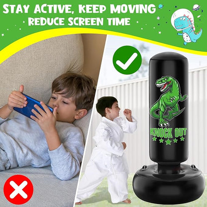 Larger Stable Dinosaur Punching Bag for Kids, 66" Tall Sports Kids Teens Inflatable Punching Bag with Boxing Gloves, Gifts for Boys & Girls Age 5-12 for Practicing Karate, Taekwondo, MMA