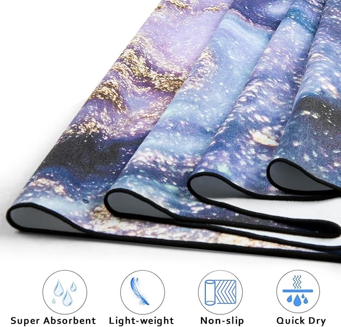 QiyI Yoga Mat Towel with Corner Pockets, Non Slip Sweat Absorbent Hot Yoga Towels, Soft Yoga Blankets with Travel Bag, Skidless Mat Cover for Workout, Gym, Fitness - 70"x26", Purple Gold Marble