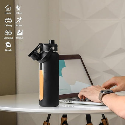 Kodrine Water Bottle with Straw, 24 oz Glass water Bottle with 2 Lids Bamboo Straw Lid and Spout Lid with Handle, 32 oz Clear Water Bottle Glass for Sports Travel, Waterbottle with Time Marker