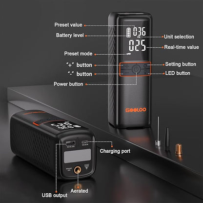 GOOLOO GT160 Tire Inflator Portable Air Compressor, 160PSI Portable Air Pump for Car Tires, 7500mAh Cordless Air Pump with Digital Pressure Suitable for Cars, Bikes, Balls, Motorcycles