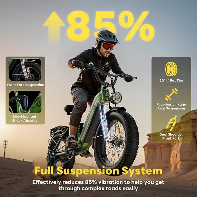 Electric Bike for Adults 1400W Peak, 48V 20AH(960WH) Removable Battery, 20"x4" Fat Tire Full Suspension 80 Miles Range Step-Thru 30+MPH Hunting Ebike, 7-Speed Dual Brakes Electric Bicycle