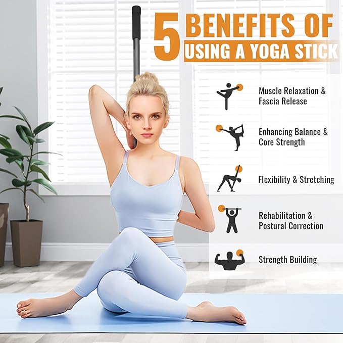 Yoga Stick 5ft Mobility Stick, Sturdy Steel Exercise Bar Adjustable Stretching Stick for Mobility, Training, Flexibility and Balance, Versatile Stretch Bar with 4 Steel Rods & Foam Handles