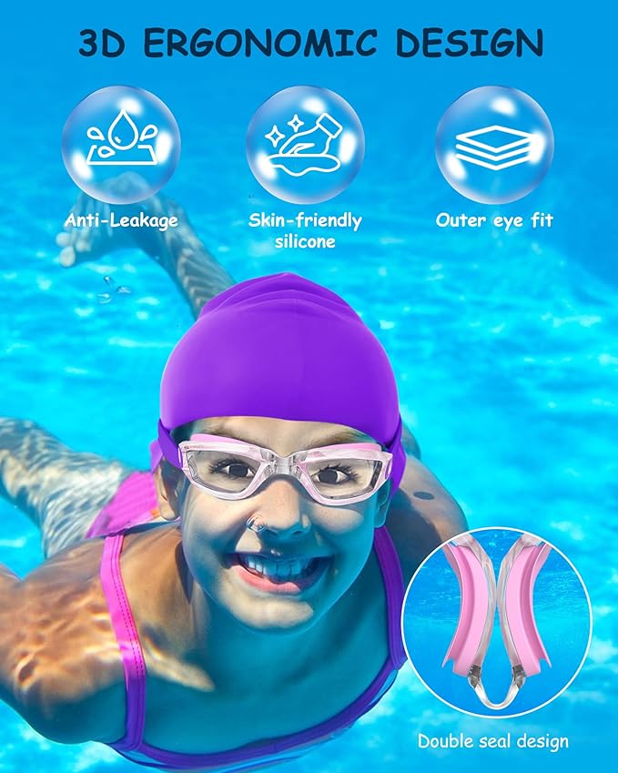 Kids Swim Goggles, Swimming Goggles for Kids Toddlers 3-14 with Swim Cap, Nose Clip, Nose Bridge, Ear Plugs