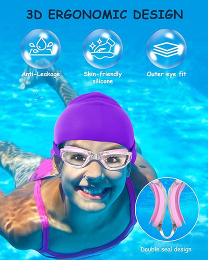 Kids Swim Goggles, Swimming Goggles for Kids Toddlers 3-14 with Swim Cap, Nose Clip, Nose Bridge, Ear Plugs