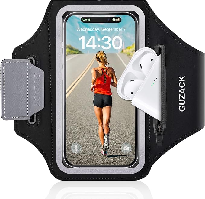 GUZACK Running Phone Holder with Zipper Pouch, Running Armband for iPhone 16 Pro/15/14/13/12/11 Pro Max/Plus/XR/XS, Galaxy S25/S24/S23/S22, Cell Phone Arm Holder with Card Slot - Size S