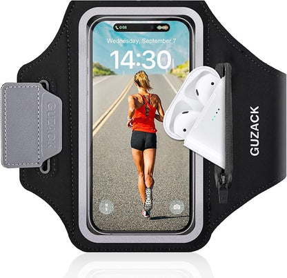 GUZACK Running Phone Holder with Zipper Pouch, Running Armband for iPhone 16 Pro/15/14/13/12/11 Pro Max/Plus/XR/XS, Galaxy S25/S24/S23/S22, Cell Phone Arm Holder with Card Slot - Size S
