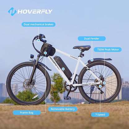 HOVERFLY OUREA 26" Electric Bike for Adults, 750W Peak Motor Mountain Ebike, 20MPH Up to 40 Miles, UL2849 Certified, 7-Speed, Removable Battery, Shock Absorber, Fat Tire Commuter E-Bike