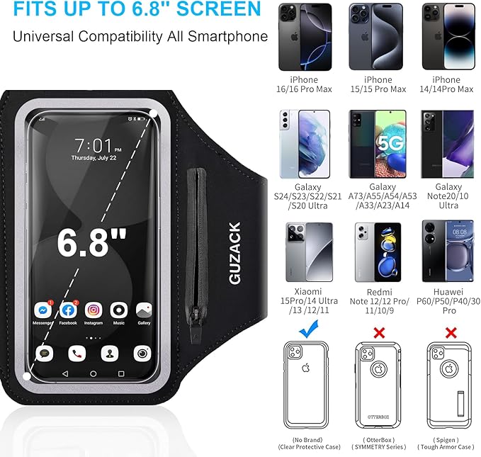 GUZACK Running Phone Holder with Zipper Pouch, Running Armband for iPhone 16/15/14/13/12/11 Pro Max/Plus, Galaxy S25/S24/S23/S22, Cell Phone Arm Holder with Card Slot - Size L (Bigger Arm 14-17 in)
