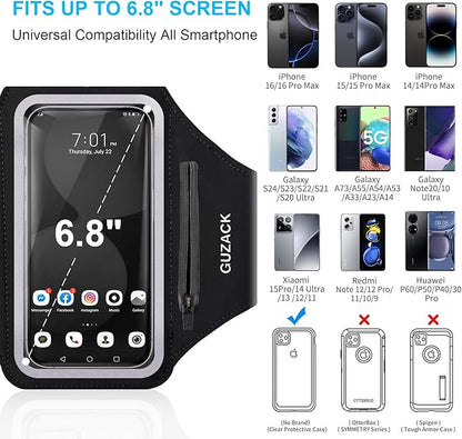 GUZACK Running Phone Holder with Zipper Pouch, Running Armband for iPhone 16 Pro/15/14/13/12/11 Pro Max/Plus/XR/XS, Galaxy S25/S24/S23/S22, Cell Phone Arm Holder with Card Slot - Size S