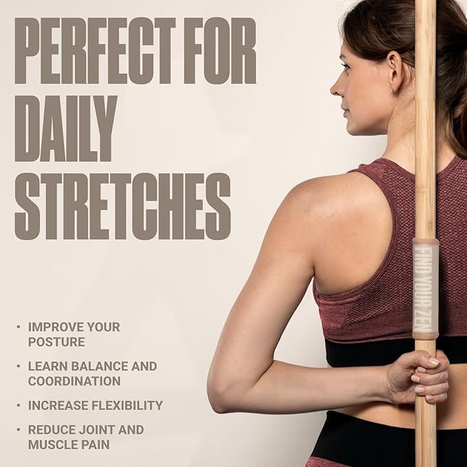 SportBit Bamboo Yoga Stick with Neck Pillow - Collapsible and Portable 5.1FT Mobility Stick and Exercise Stick - Fully Adjustable Yoga Accessories Perfect for Stretching, Posture Correction, Balance