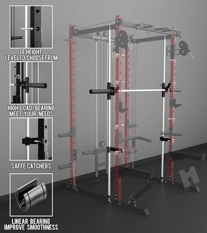Eonfit E3 Smith Machine with 360°Rotating Arm for Home Gym Equipment, Multi-Function Power Cage Squat Rack with Cable Crossover LAT Pulldown Pulley System All in One