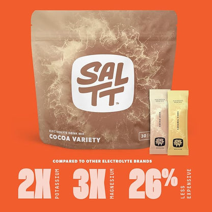 Keto Chow SALTT Electrolytes Powder Packets, Cocoa Variety Pack (30 Packets) - Magnesium, Potassium, Sodium, Trace Minerals - Vegan, Sugar Free, Gluten Free - Travel Essentials - Made in USA