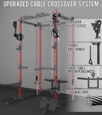 Eonfit E2 Power Cage，1500LB Squat Rack with Cable Crossover System.Multi-Function Power Rack for Home Gum.All-in-One Squat Rack with More Training Attachments