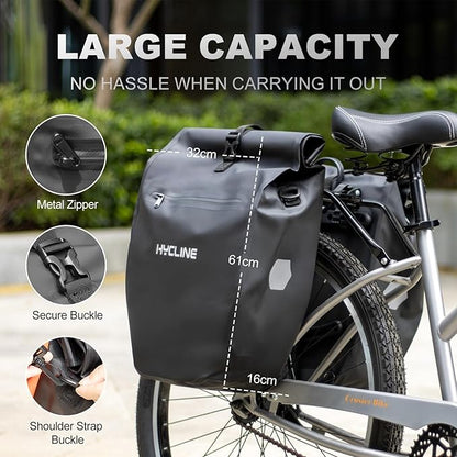 Hycline Waterproof Bike Panniers Bag: Bicycle Rear Rack Bags 28L Large Capacity with Dual Carrying Handle and Shoulder Strap for Commuting Cycling Traveling Touring Shopping - 1PC
