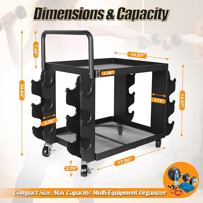 Dumbbell Rack Stand Only - Home Gym Equipment Storage Rack with Rubber Covers & Wheels - Compact Mobile Cart Design for Kettlebells, Yoga Mats & Fitness Gear