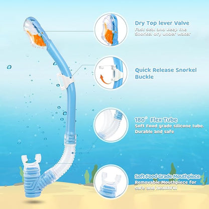 Dry Snorkel for Kids, Ultimate Snorkel Tube for Snorkeling, Freediving & Swimming, Easy-Breath Technology, Top-Mounted Dry Valve & Food-Grade Silicone Mouthpiece