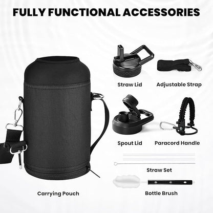 Insulated Water Bottle 64 oz, Triple Wall Vacuum Stainless Steel (Cold for 48 Hrs), Leak Proof & Non-BPA, Half Gallon Water Flask Jug with Paracord Handle & Straw Spout Lids, Magic Black